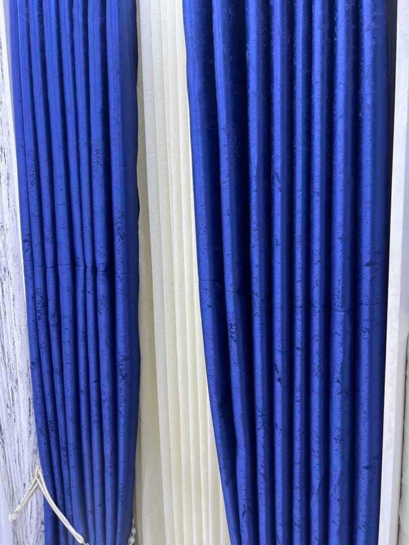 [Today Only] BLUE CURTAINS WITH SHEERS 3Pcs Set - 2pcs Gathered Curtains [1.5 Meters Each] + 1pc 2 Meters Heavy Fabric Sheer - Ready made Living & Bedroom Set. Window & Door Curtain Set.