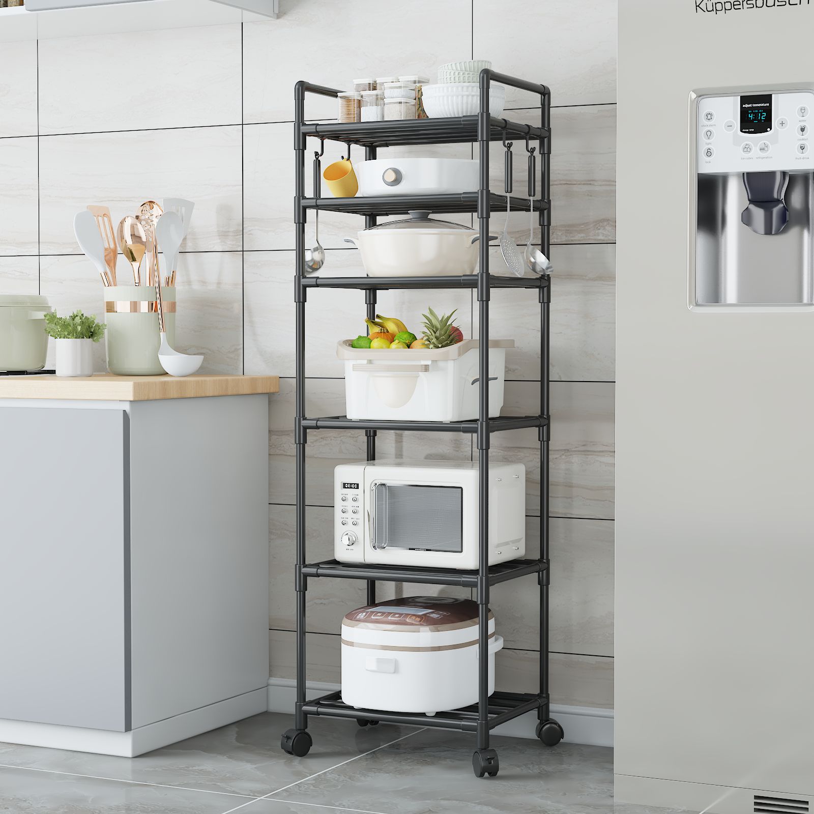 Kitchen Rotating Storage Rack With Wheels 5-Tier Metal Shelving Unit with Wheels Narrow Kitchen Storage Rack Bathroom Shelf Stand Microwave Oven Shelf Slim Corner
