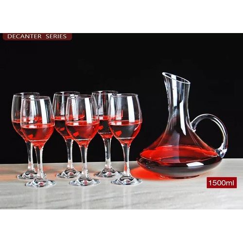 7pcs Plain Color Wine Decanter Set With 6 Wine Glasses Hot Selling Handmade 1.5L Wine Whiskey Decanter Set Modern Red Wine Decanter Large Capacity Crystal Glass with Handle