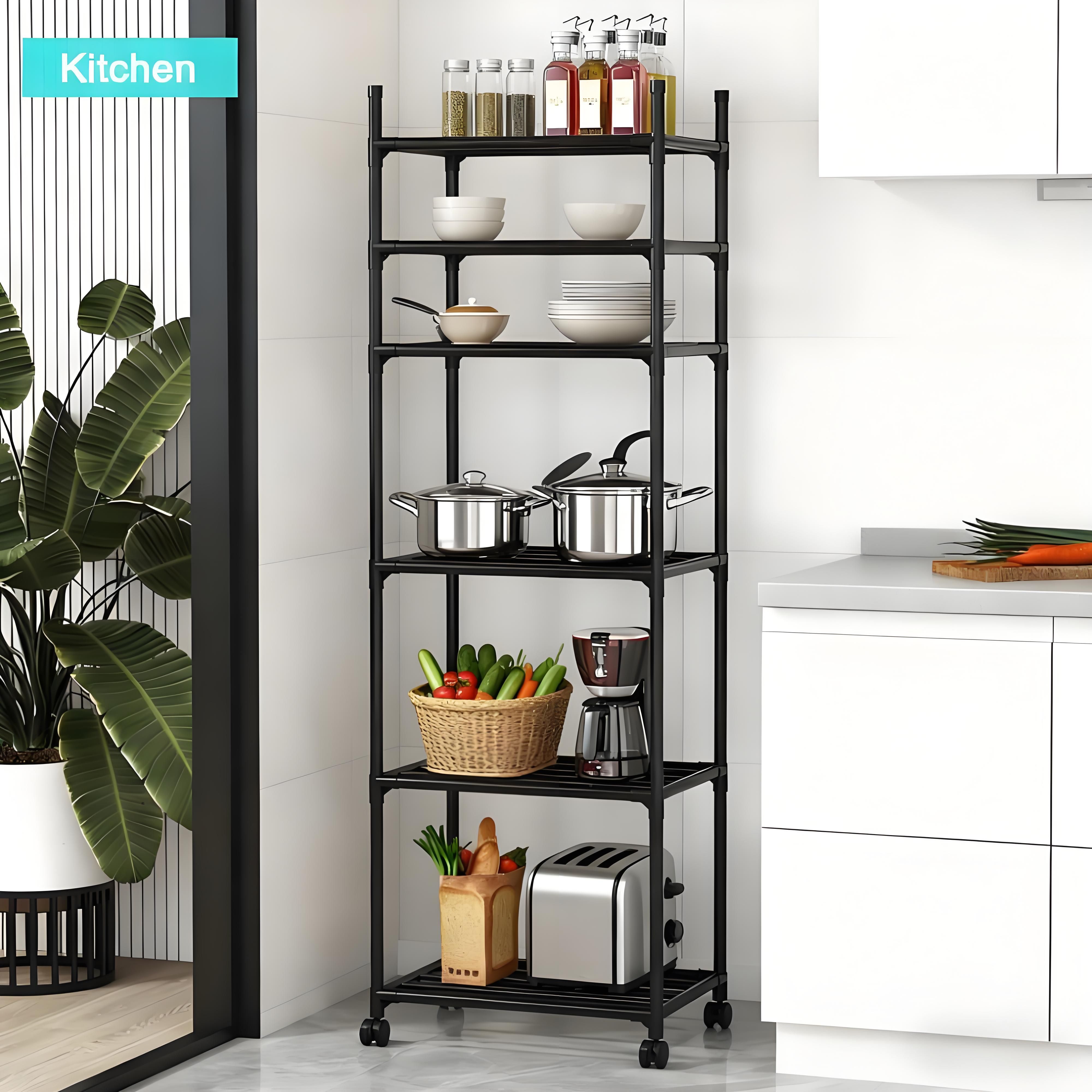 Kitchen Rotating Storage Rack With Wheels 5-Tier Metal Shelving Unit with Wheels Narrow Kitchen Storage Rack Bathroom Shelf Stand Microwave Oven Shelf Slim Corner
