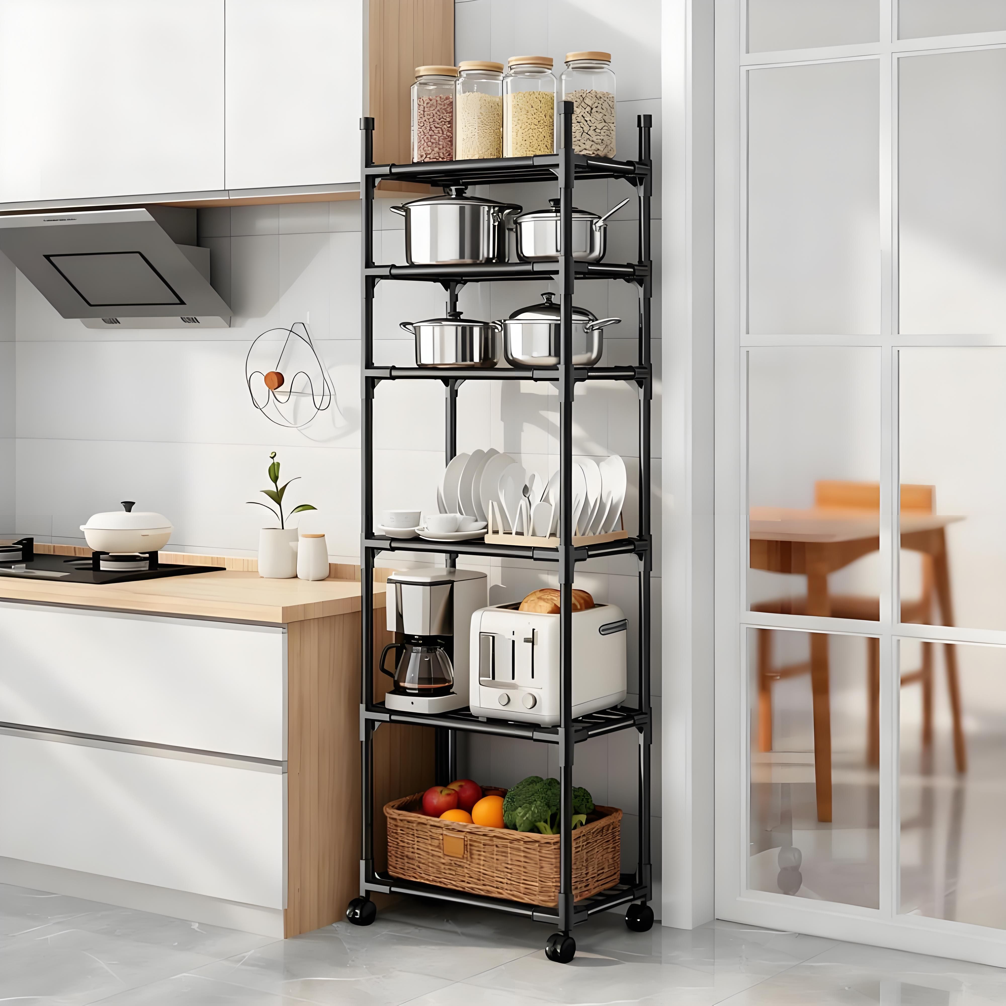 Kitchen Rotating Storage Rack With Wheels 5-Tier Metal Shelving Unit with Wheels Narrow Kitchen Storage Rack Bathroom Shelf Stand Microwave Oven Shelf Slim Corner