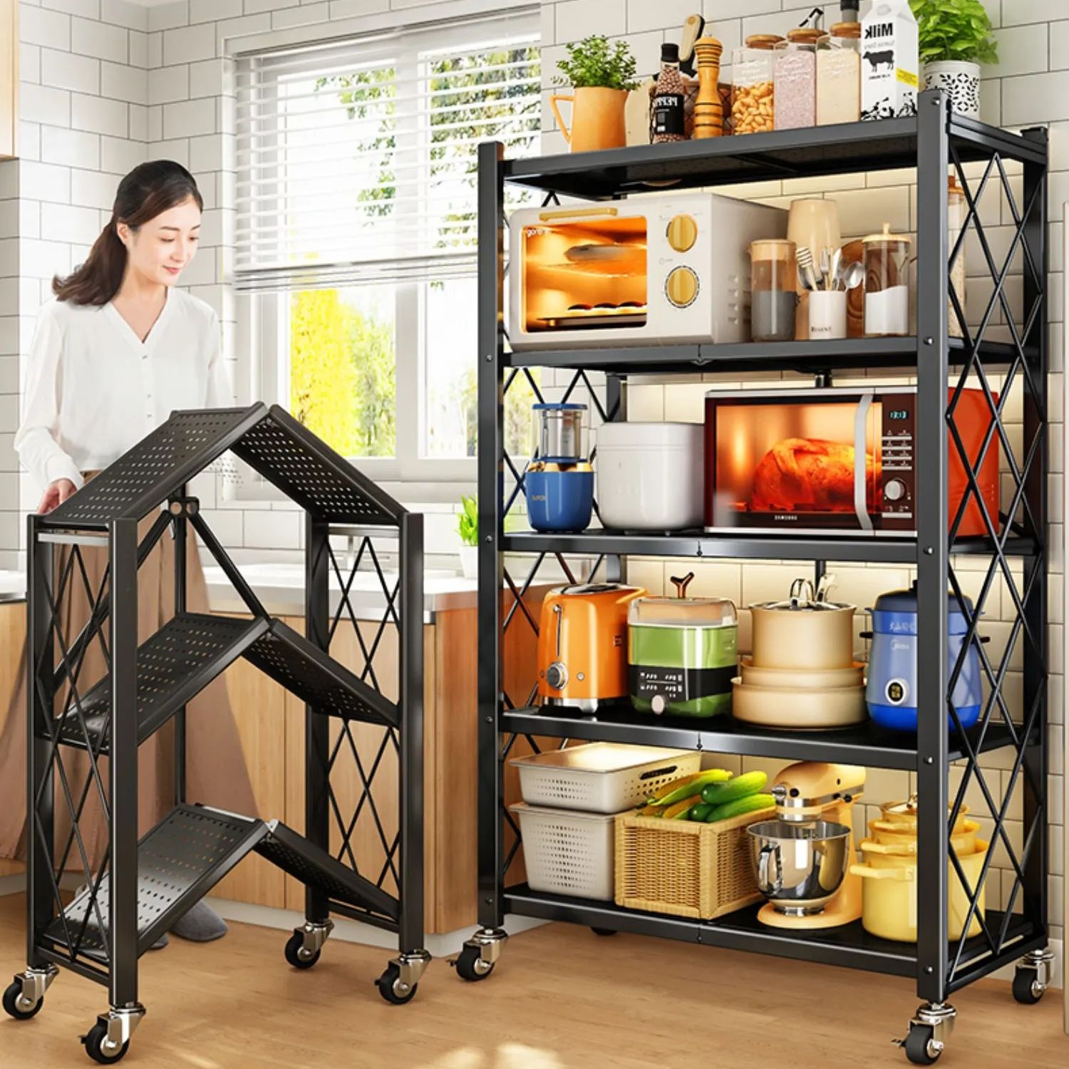 4 Tier Kitchen Rack With Wheels .Household Kitchen Shelf Foldable Tableware Shelves Units Metal Storage Racks for Kitchen