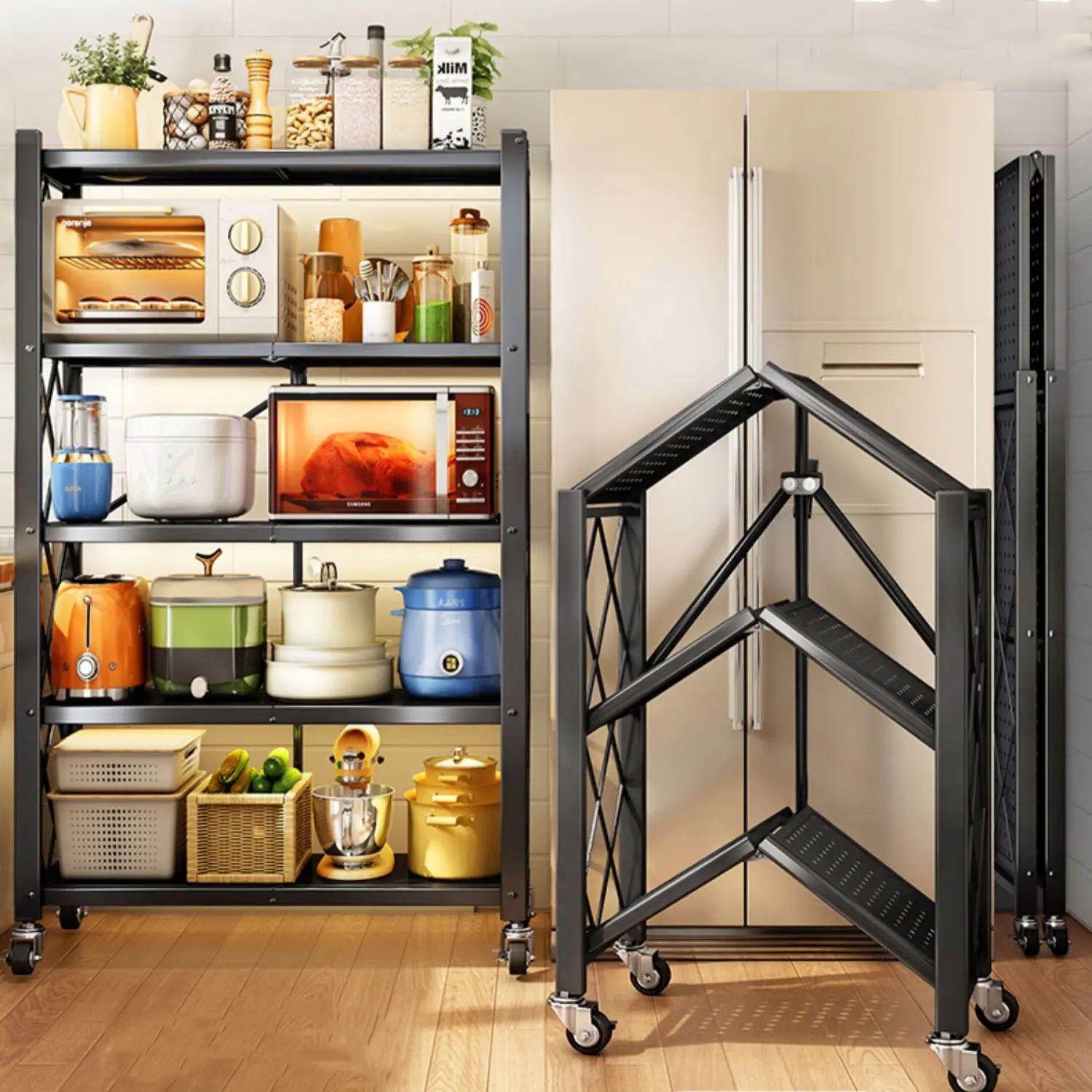 4 Tier Kitchen Rack With Wheels .Household Kitchen Shelf Foldable Tableware Shelves Units Metal Storage Racks for Kitchen