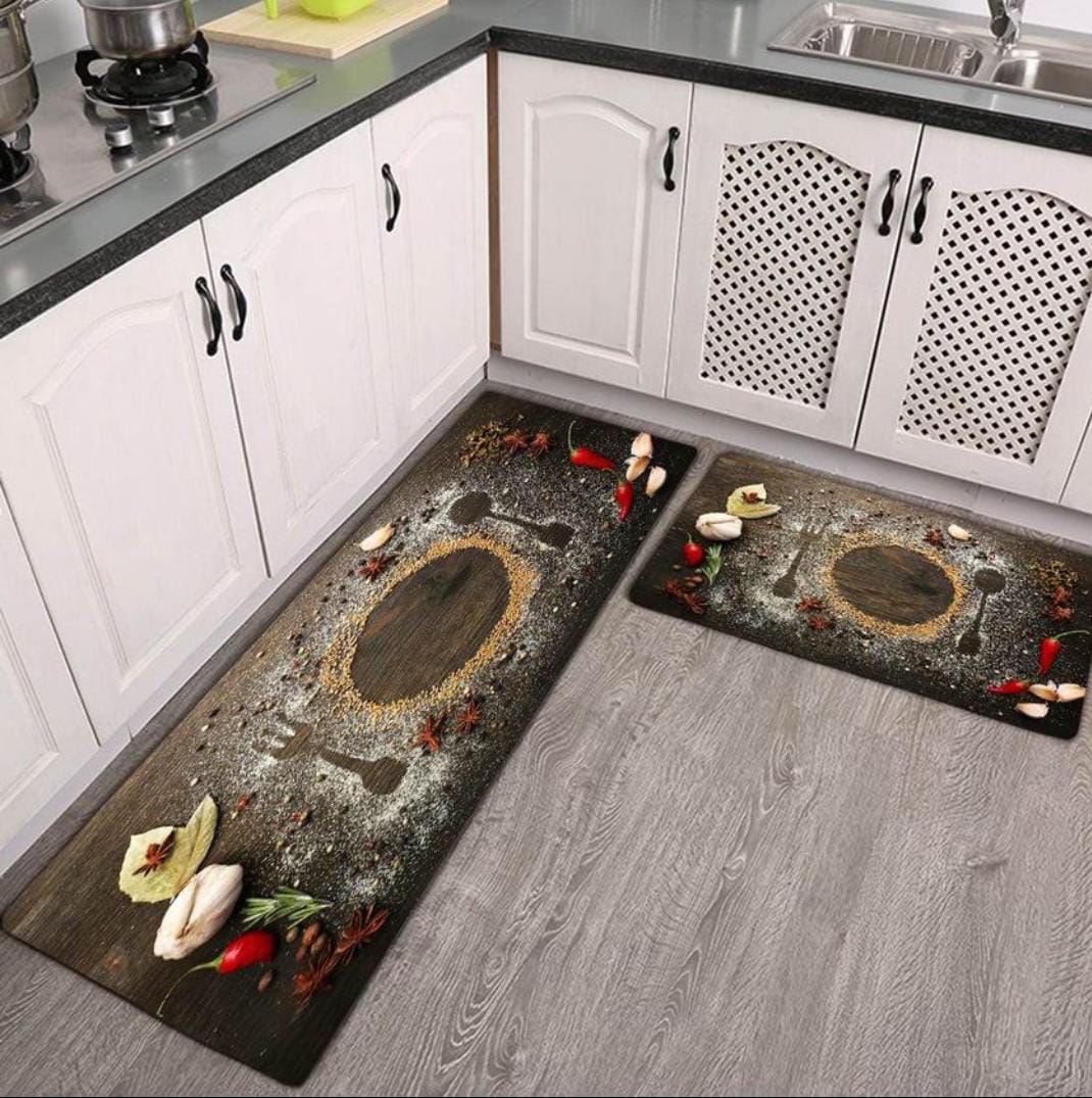 2pcs Spice Print Kitchen Rugs Soft Comfortable Mat Waterproof Non-Slip Floor Mat Runner Rug Absorbent Machine Washable Carpet Kitchen Hallway