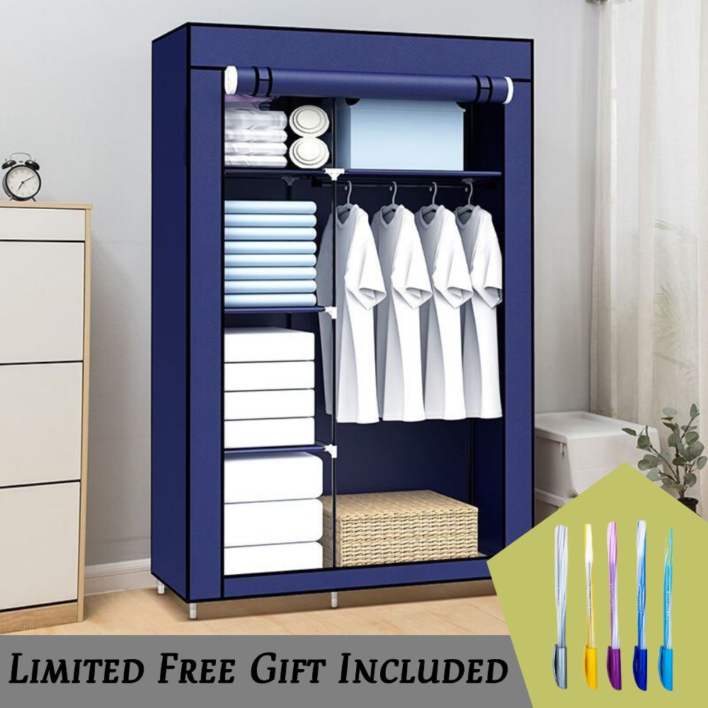 2 Column Wardrobe Storage Portable Wardrobe 6 Shelves Clothes Rod Non-Woven Fabric Cover Quick and Easy Assembly