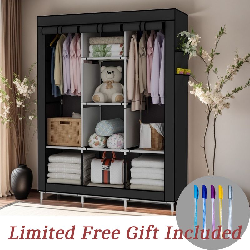【Special Offer】Portable 3 Columns Wardrobe Closet Clothes Metallic Organizer Non-Woven Fabric Cover with 6 Storage Shelves 2 Hanging Sections