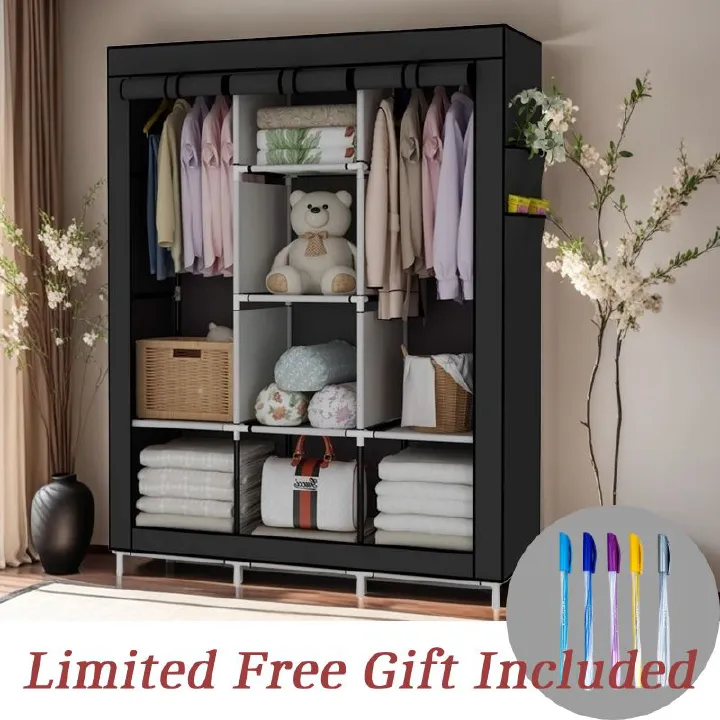 【Special Offer】Portable 3 Columns Wardrobe Closet Clothes Metallic Organizer Non-Woven Fabric Cover with 6 Storage Shelves 2 Hanging Sections