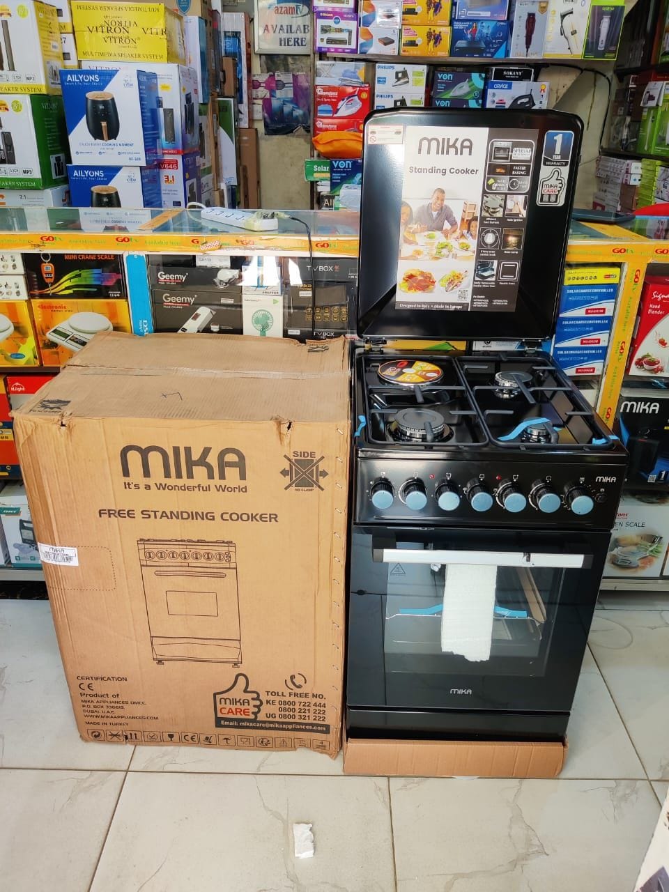 BEST QUALITY MIKA Standing Cooker, 50cmX60cm, 3 Gas Pool Jet Burners + 1 RAPID Hot Plate, Button Ignition, 4 Function Electric Oven, Rotisserie, Full Black GAS COOKER.