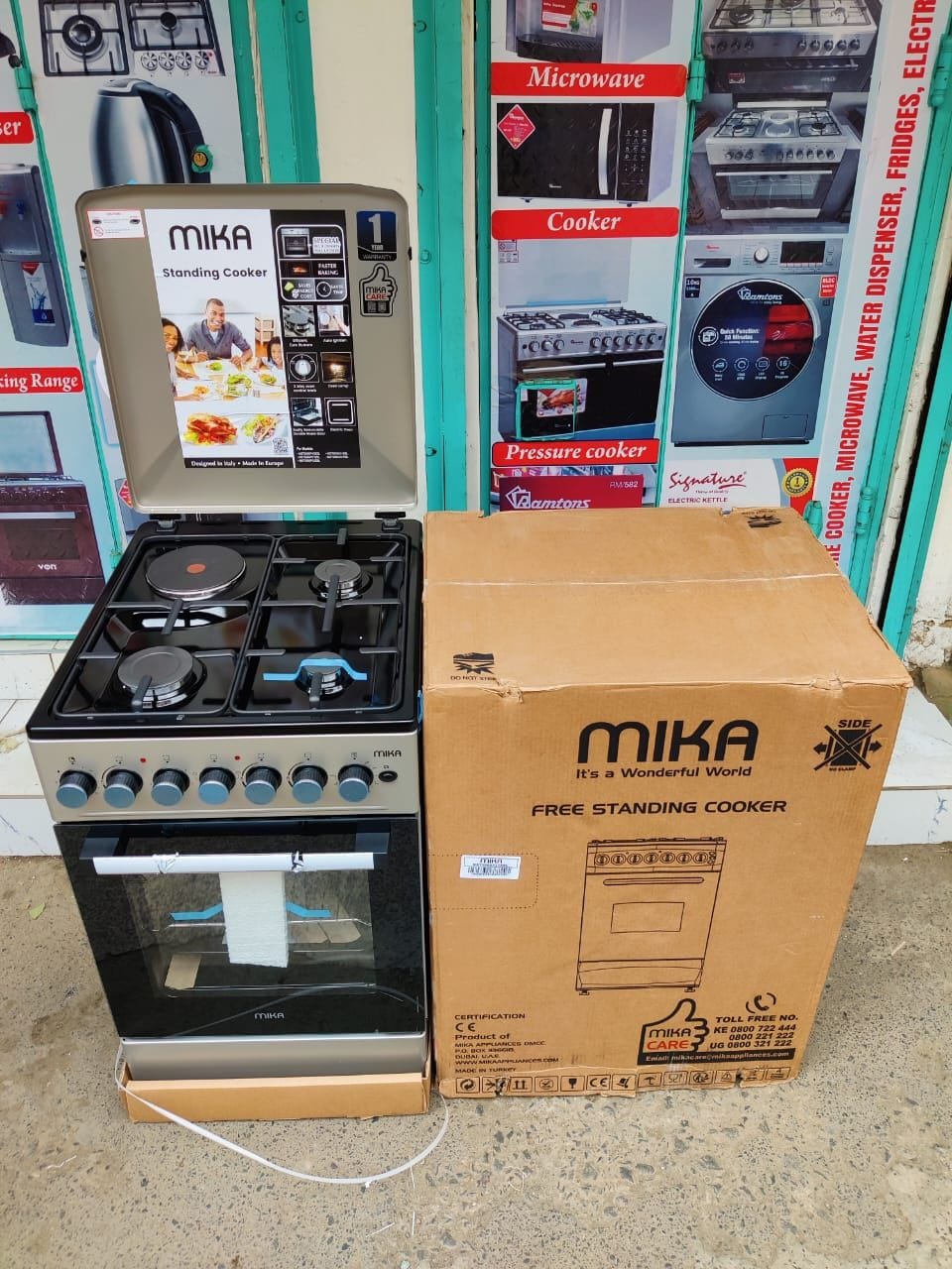 BEST QUALITY MIKA Standing Cooker, 50cmX60cm, 3 Gas Pool Jet Burners + 1 RAPID Hot Plate, Button Ignition, 4 Function Electric Oven, Rotisserie, Full Black GAS COOKER.
