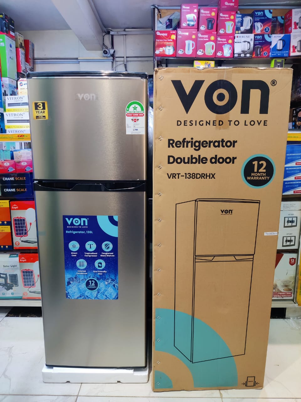 VON 138 L FRIDGE High Quality Double Door Fridge - 138L - Stainless Steel Refrigerator.In-built cool pack (longer cooling retention during power cuts).Direct cooling refridgerator