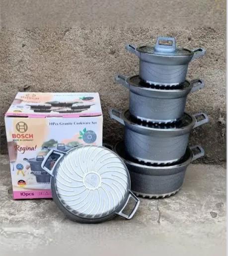 PROMOTION PRICE ! Bosch 10 PCS Granite Cookware Set Regina German Non-stick Cooking Pots.Very high quality granite pots. It has glass lids that traps heat inside for efficient cooking.