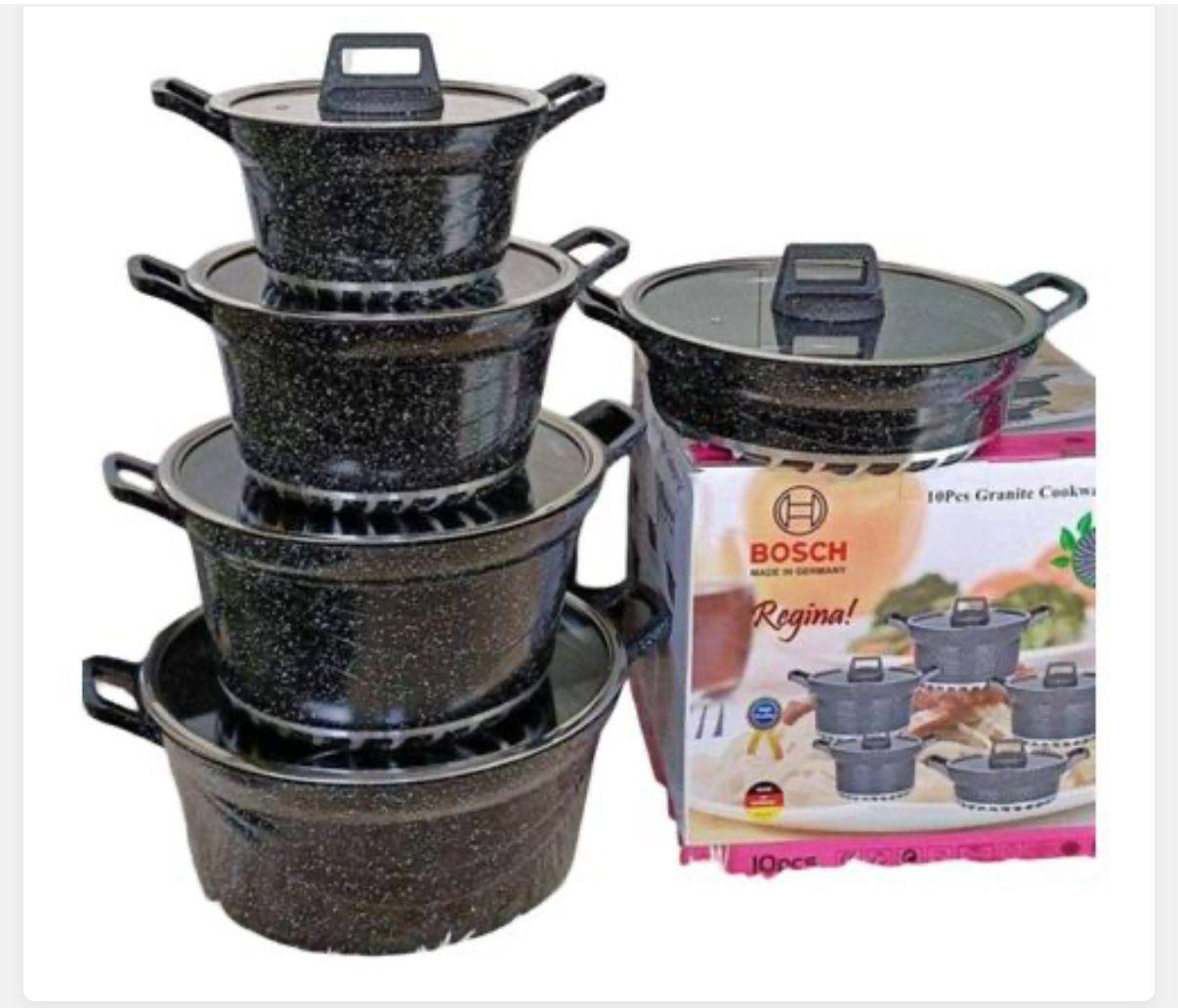 PROMOTION PRICE ! Bosch 10 PCS Granite Cookware Set Regina German Non-stick Cooking Pots.Very high quality granite pots. It has glass lids that traps heat inside for efficient cooking.