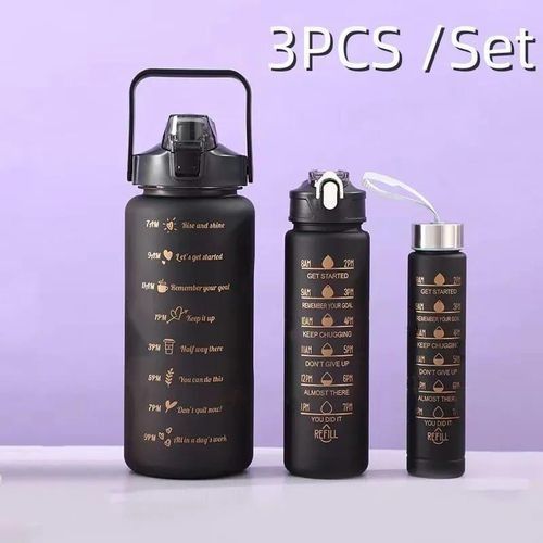 KipFit 3-in-1 Set Water Bottle Motivational Sports Leakproof Bottle (Black).3pc super capacity 2L, 900Ml, 300Ml ,press the spring cover and open the cover with one button, convenient and fast.