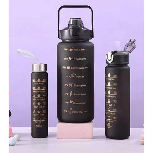 KipFit 3-in-1 Set Water Bottle Motivational Sports Leakproof Bottle (Black).3pc super capacity 2L, 900Ml, 300Ml ,press the spring cover and open the cover with one button, convenient and fast.