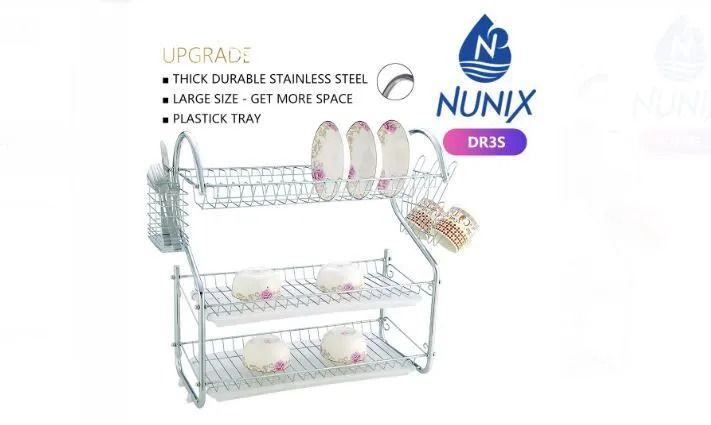 Nunix 3 Tier Stainless Steel Dish Rack 3 Layers Utensil Dish Drainer Kitchen Storage Organizer, Nunix Dish Rack 3 Tier with Drain Board DR3S