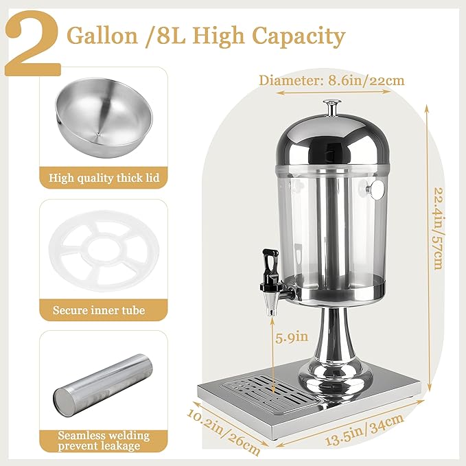 Single Beverage Dispenser, Hot Cold Drink Dispenser with Ice Container and Stainless Steel Drip Trays for Parties Buffet Catering Cold Drinks and Beer