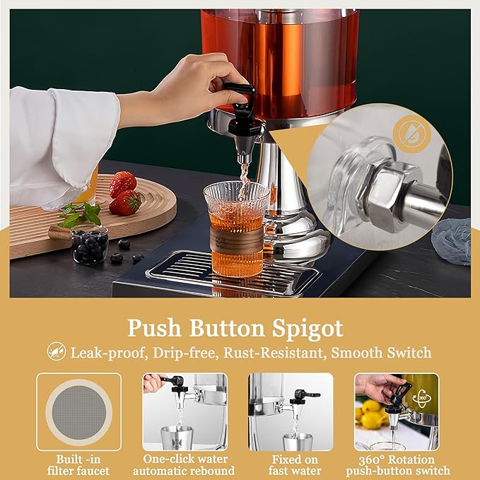 Single Beverage Dispenser, Hot Cold Drink Dispenser with Ice Container and Stainless Steel Drip Trays for Parties Buffet Catering Cold Drinks and Beer