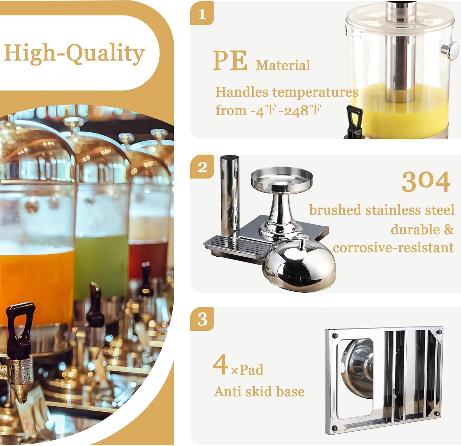 Single Beverage Dispenser, Hot Cold Drink Dispenser with Ice Container and Stainless Steel Drip Trays for Parties Buffet Catering Cold Drinks and Beer