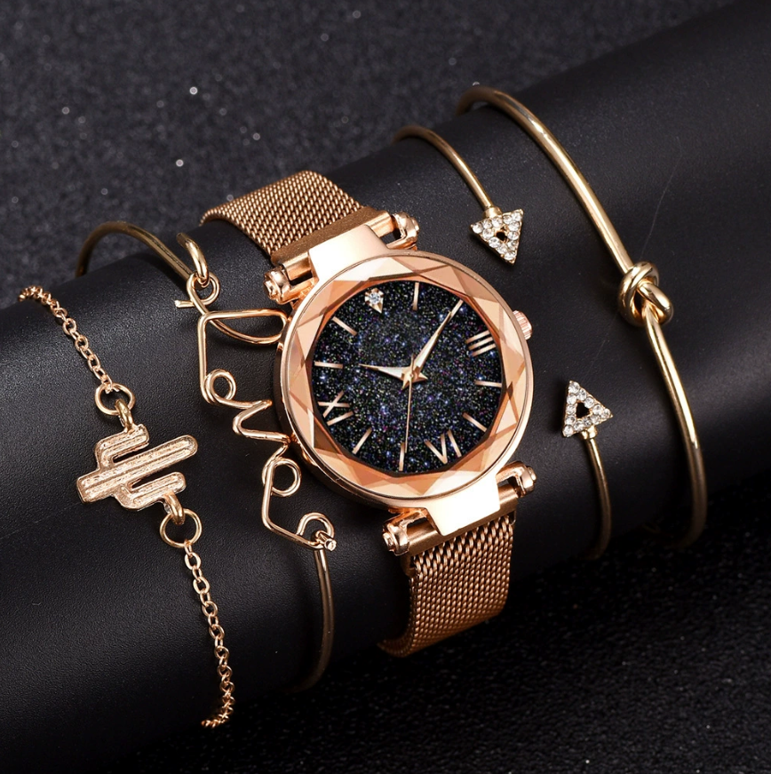 5pcs /Set Women Watches Set Ladies Fashion Watch Black Female New Simple Casual Womens Analog WristWatch Bracelet Gift Girl watch Bracelet set  Fast delivery within 1-5 days