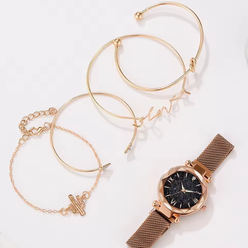 5pcs /Set Women Watches Set Ladies Fashion Watch Black Female New Simple Casual Womens Analog WristWatch Bracelet Gift Girl watch Bracelet set  Fast delivery within 1-5 days