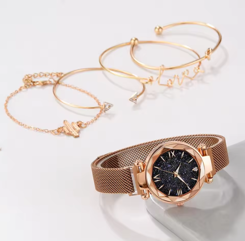 5pcs /Set Women Watches Set Ladies Fashion Watch Black Female New Simple Casual Womens Analog WristWatch Bracelet Gift Girl watch Bracelet set  Fast delivery within 1-5 days
