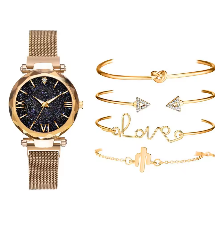 5pcs /Set Women Watches Set Ladies Fashion Watch Black Female New Simple Casual Womens Analog WristWatch Bracelet Gift Girl watch Bracelet set  Fast delivery within 1-5 days