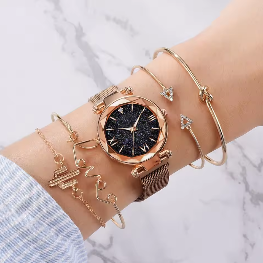 5pcs /Set Women Watches Set Ladies Fashion Watch Black Female New Simple Casual Womens Analog WristWatch Bracelet Gift Girl watch Bracelet set  Fast delivery within 1-5 days