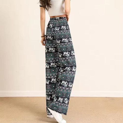 Local fast delivery Women clothes pant High Waist Elephant Print Wide Leg Pants for Ladies clothes Loose Fit Style Youthful Clothing Pattern Girl Trousers Pants Yoga