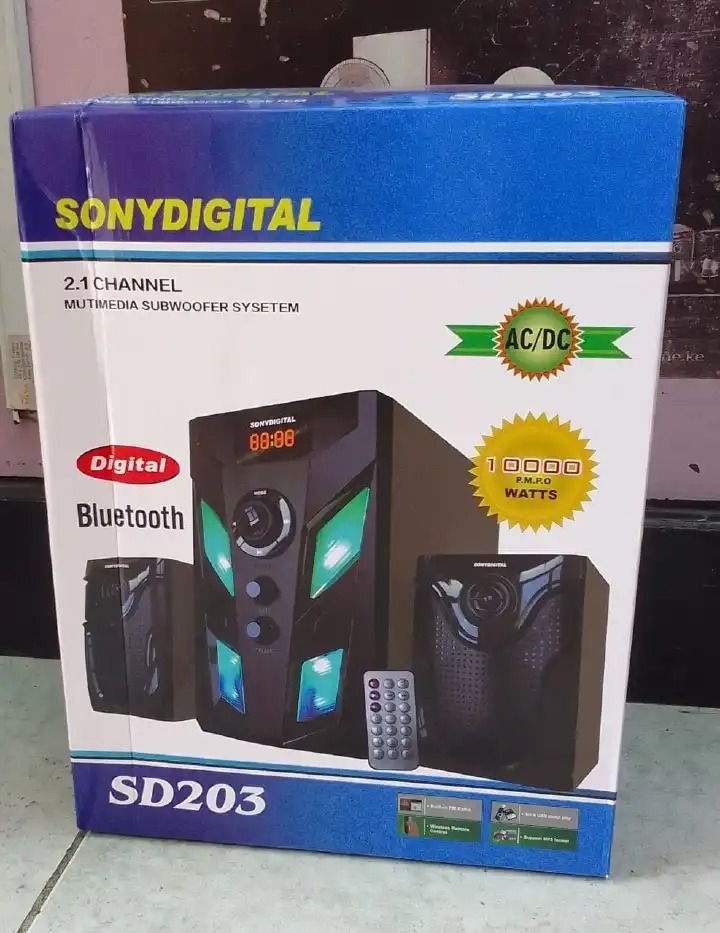 Sony Digital  Model No. SD 203 2.1 Channel Woofer,P.M.P.O 10000W. USB Playback, SD/MMC Card, FM Radio, Bluetooth