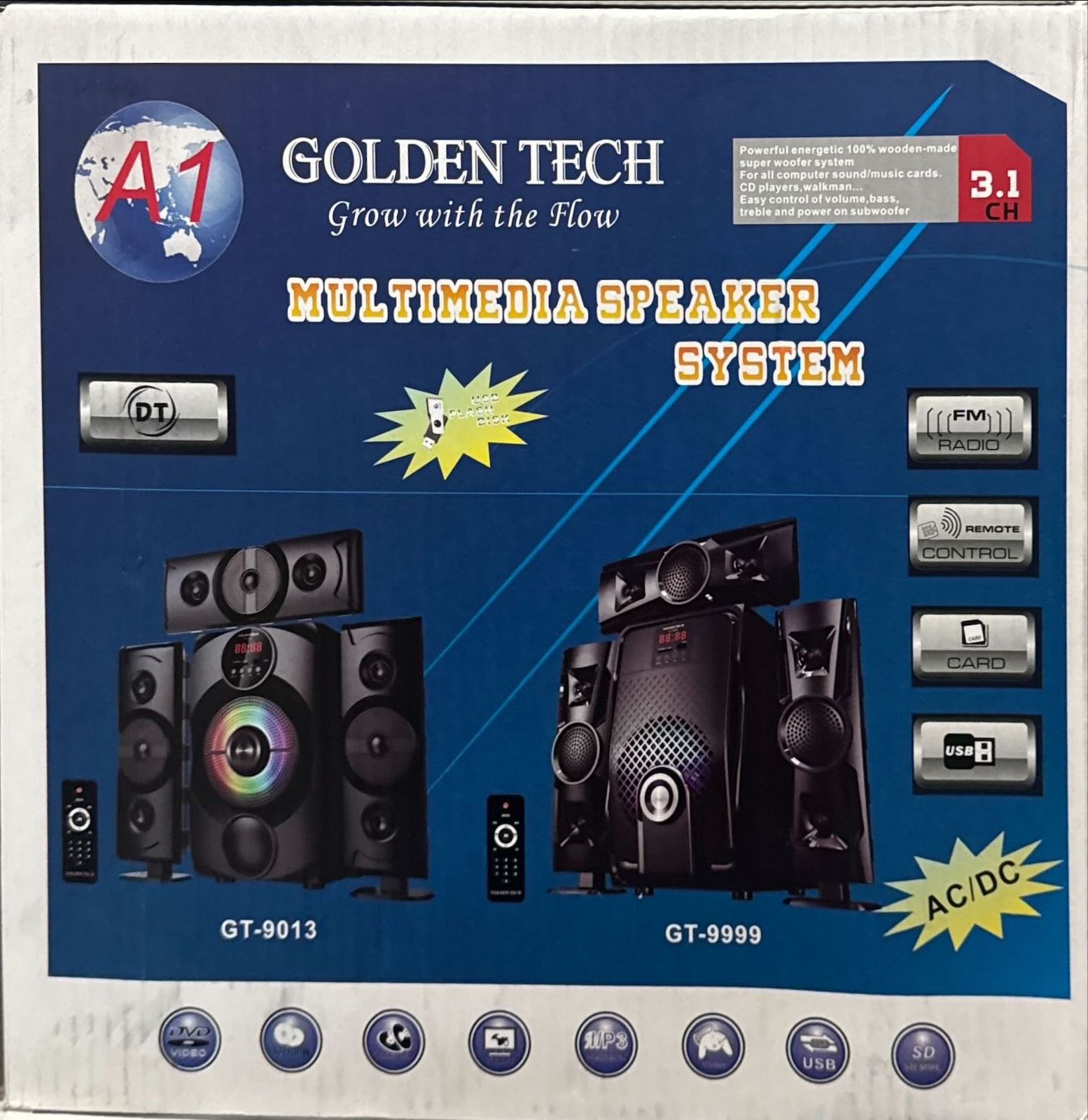 Golden Tech GT-9013 3.1 Channel Multimedia Speaker System with Super Woofer, 15000W PMPO, USB/SD/FM, AC/DC Input, Remote Control & LED-Lit Bass