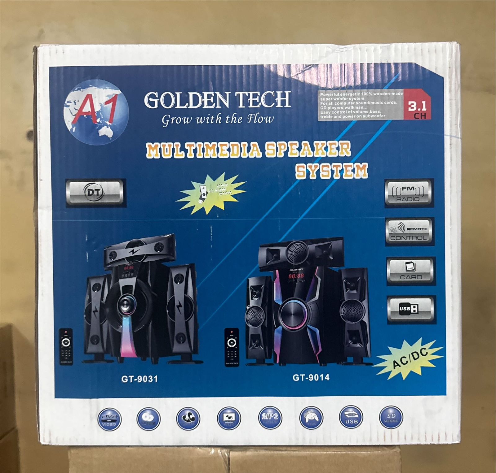 Golden Tech GT-9014 3.1 Channel Multimedia Speaker System with Super Woofer, 15000W PMPO Power, USB/SD/FM Radio, AC/DC Input, Remote Control, LED-Lit Woofer, Deep Bass Surround, Compatible