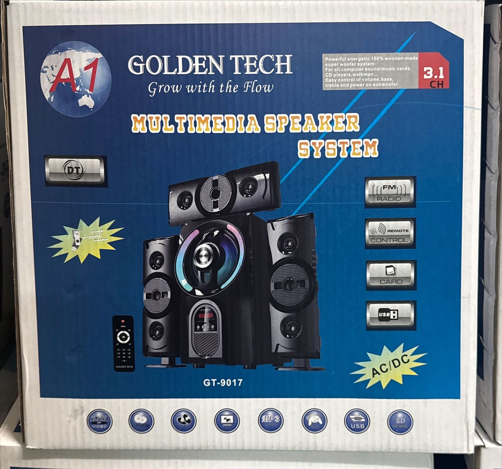 Golden Tech GT-9017 3.1 Channel Multimedia Speaker System with Super Woofer, 15000W PMPO Power, USB/SD/FM Radio, AC/DC Input, Remote Control, LED-Lit Woofer, Deep Bass Surround, Compatible