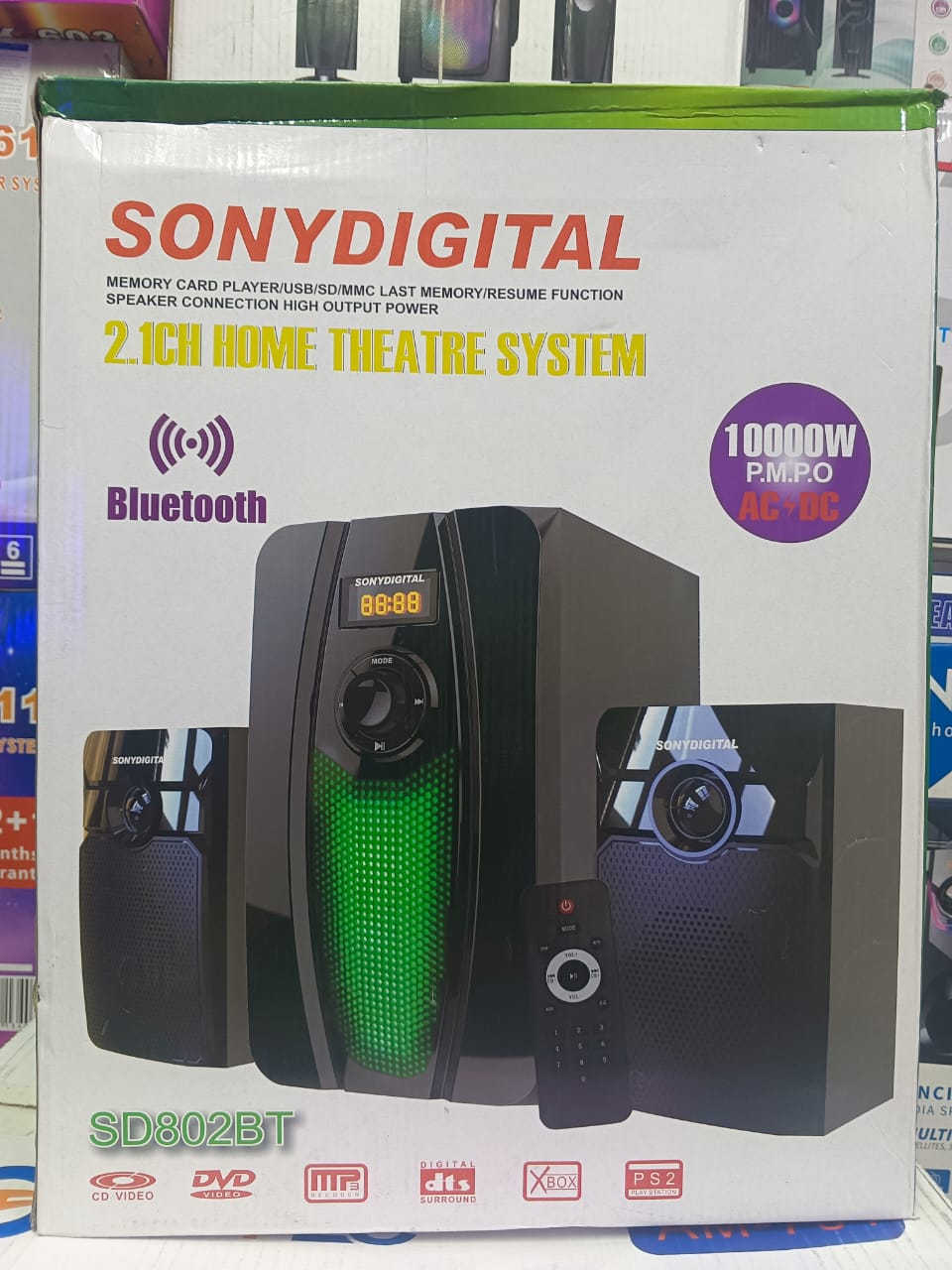 Sony Digital 2.1 CH Home Theatre System Model SD 802BT P.M.P.O 10000W,Memory Card/USB/Speaker Connection High Output Power