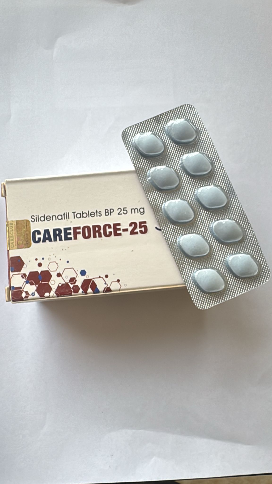 A strip of 10 Sildenafil Citrate Men's Sex Enhancing Tablets BP 25 mg; Sildenafil treats erectile dysfunction by increasing blood flow to the penis during sexual stimulation