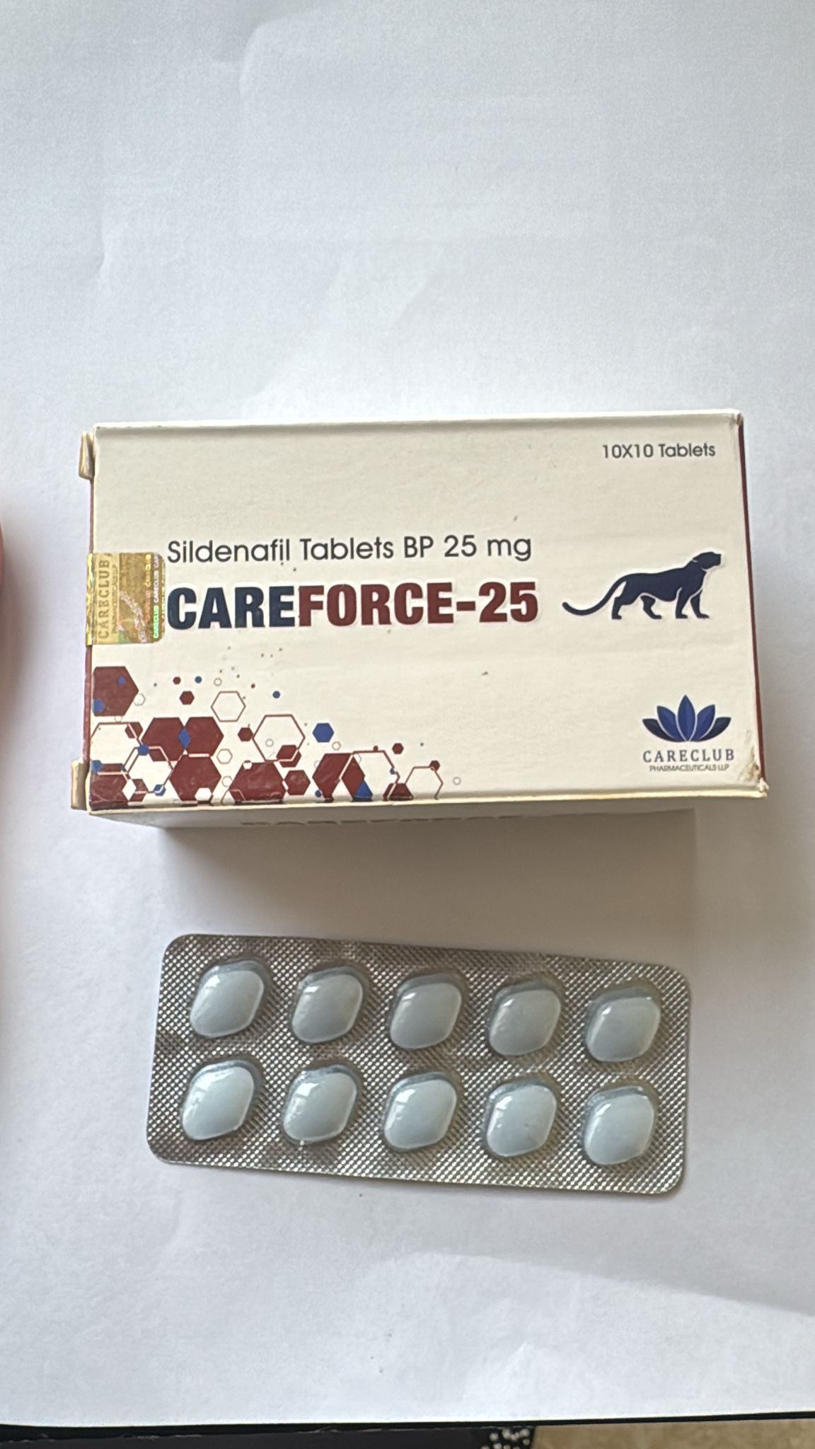 A strip of 10 Sildenafil Citrate Men's Sex Enhancing Tablets BP 25 mg; Sildenafil treats erectile dysfunction by increasing blood flow to the penis during sexual stimulation