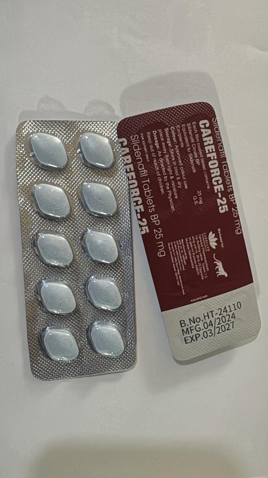 A strip of 10 Sildenafil Citrate Men's Sex Enhancing Tablets BP 25 mg; Sildenafil treats erectile dysfunction by increasing blood flow to the penis during sexual stimulation