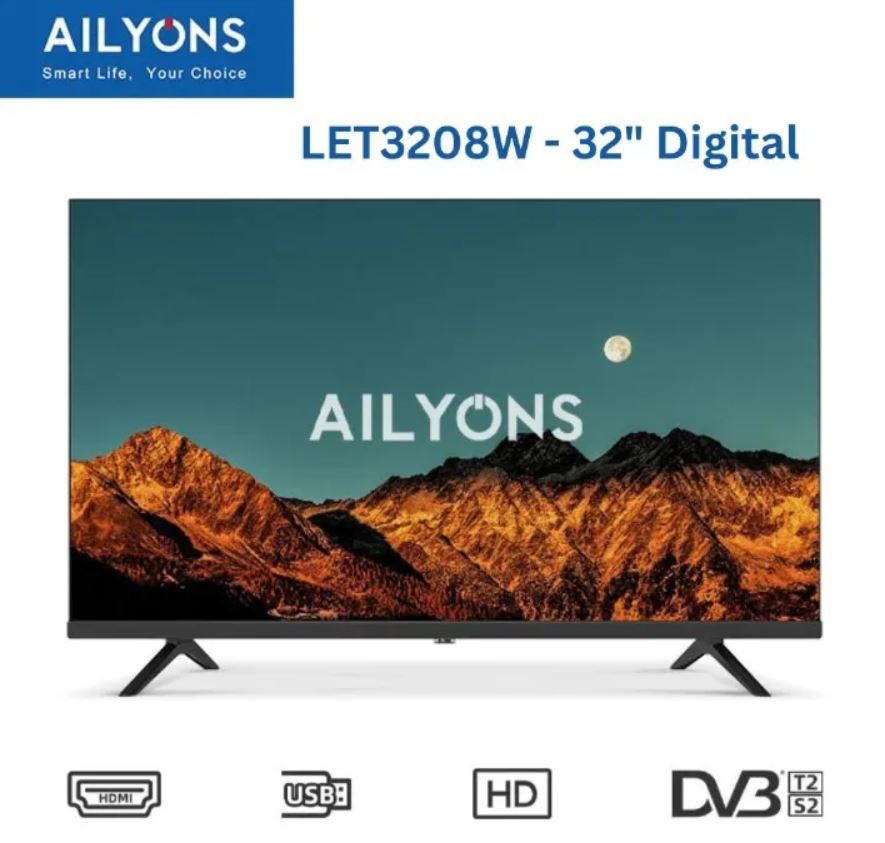 Ailyons 32-Inch Frameless HD Digital LED TV with Built-In Decoder, HDMI, USB, VGA, Slim Black Design, Energy Efficient, Wall Mountable, 12-Month Warranty
