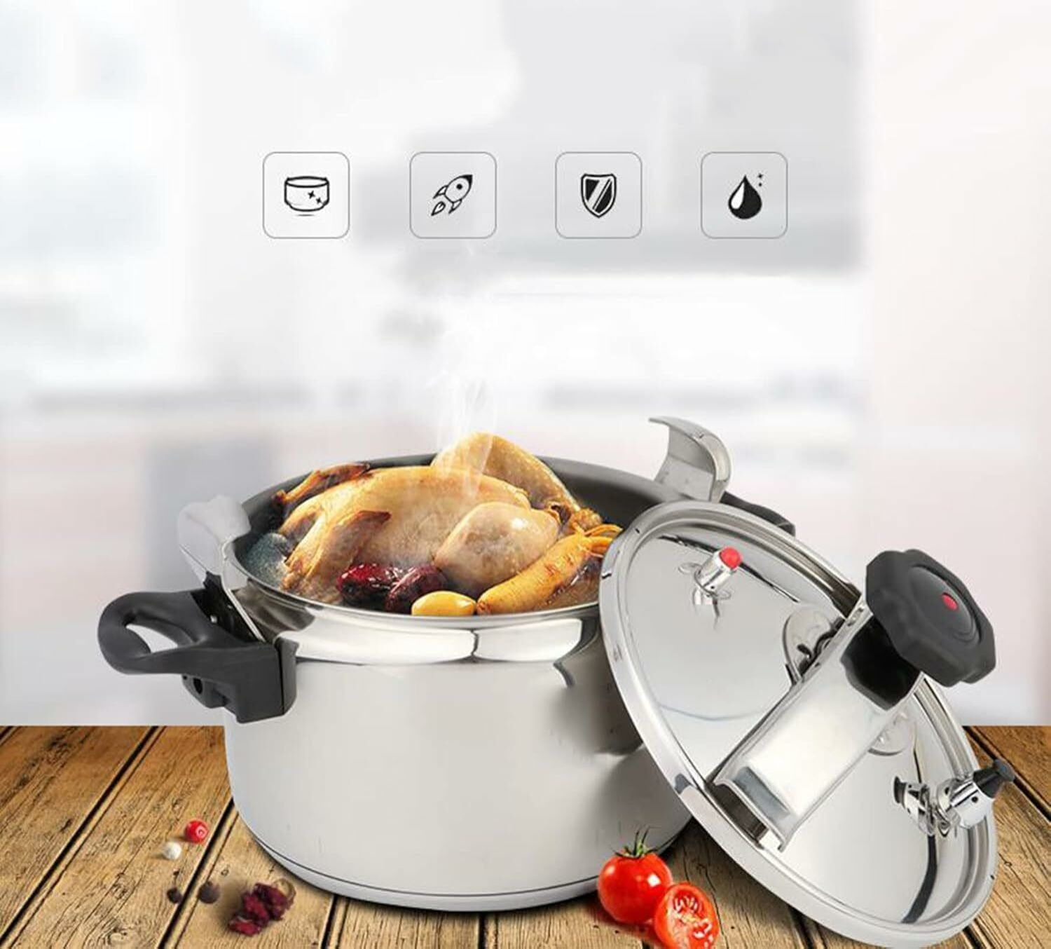 Aluminium Pressure Cooker NON - EXPLOSIVE -2 HANDLE- 5 litres.explosion-proof aluminum pressure cooker 

High-grade polished mirror finishing
Capacity: 5l
Thickness: 2.5mm
Max. working pressure: 55kpa