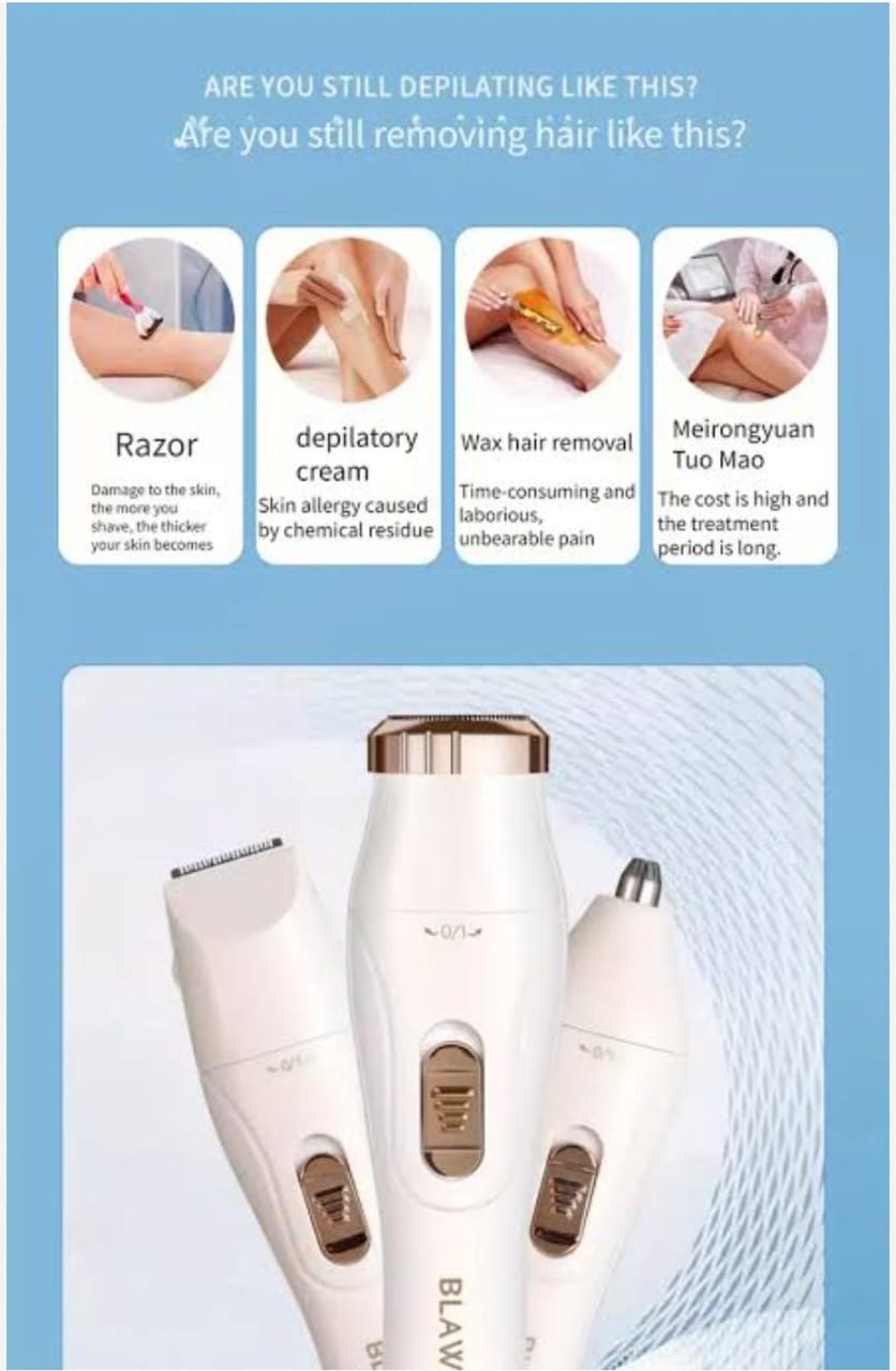 3in1 Blawless multifunction rechargeable shaver with 3 shaver heads.3 IN 1 WOMEN'S ELECTRIC SHAVER】Our hair trimmer kit for women is designed for full body hair removal with three removable blade head