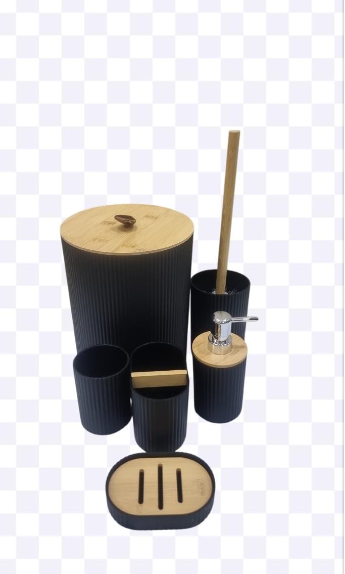 6pcs Eco-Friendly Plastic Bamboo washroom bathroom Accessories set.6pcs Eco-Friendly Plastic Bamboo washroom bathroom Accessories set. Toilet soap dispenser/Holder Toothbrush holder kit
★Includes: Tra