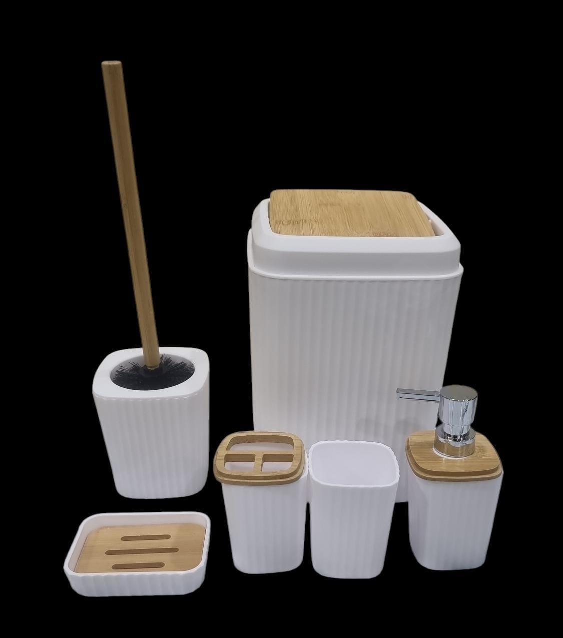 6pcs Eco-Friendly Plastic Bamboo washroom bathroom Accessories set.6pcs Eco-Friendly Plastic Bamboo washroom bathroom Accessories set. Toilet soap dispenser/Holder Toothbrush holder kit
★Includes: Tra