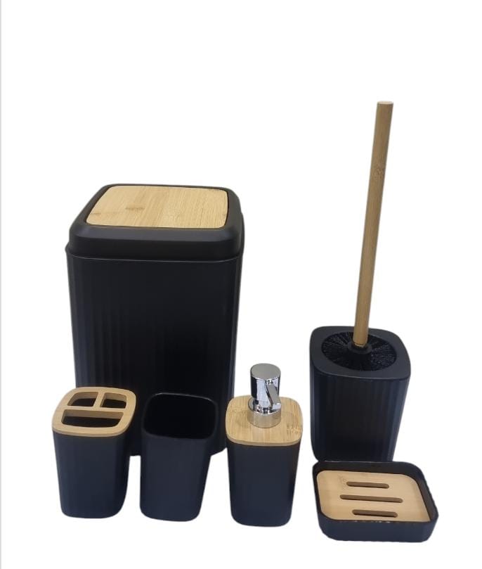 6pcs Eco-Friendly Plastic Bamboo washroom bathroom Accessories set.6pcs Eco-Friendly Plastic Bamboo washroom bathroom Accessories set. Toilet soap dispenser/Holder Toothbrush holder kit
★Includes: Tra