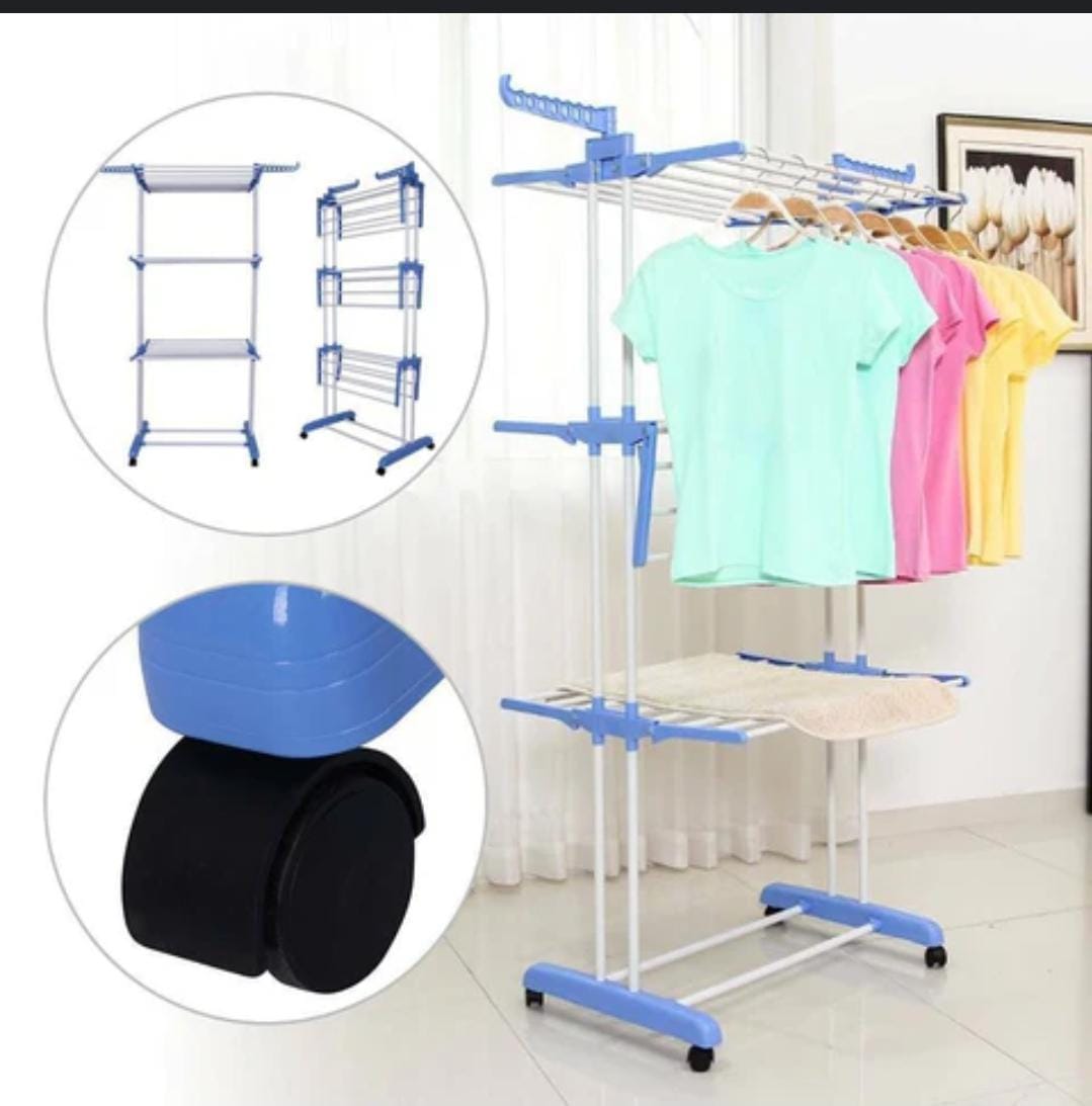VIBRAT Clothes Drying Rack Folding Clothes Rail 3 Tier Clothes Horses Rack Stainless Steel Laundry Garment Dryer Stand with Two Side Wings
