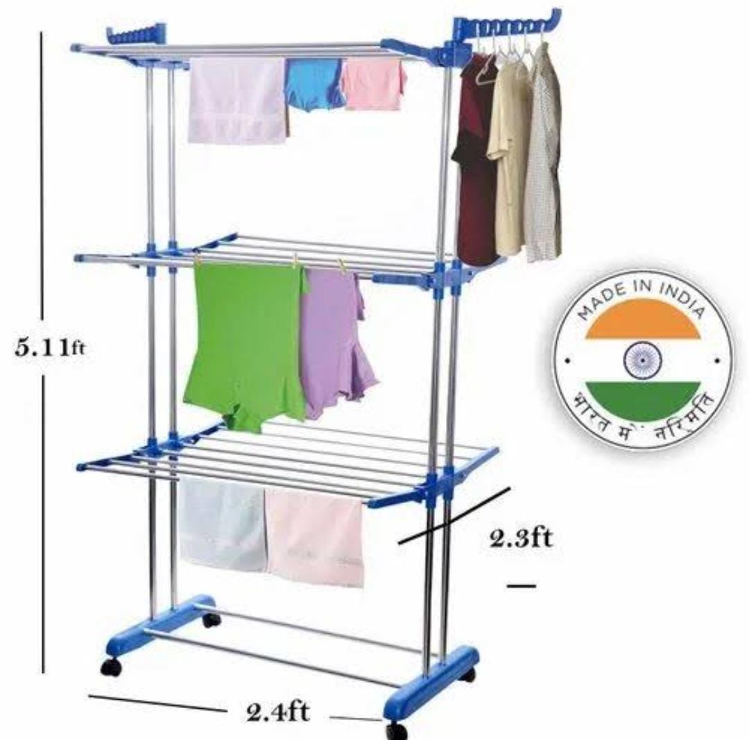 VIBRAT Clothes Drying Rack Folding Clothes Rail 3 Tier Clothes Horses Rack Stainless Steel Laundry Garment Dryer Stand with Two Side Wings