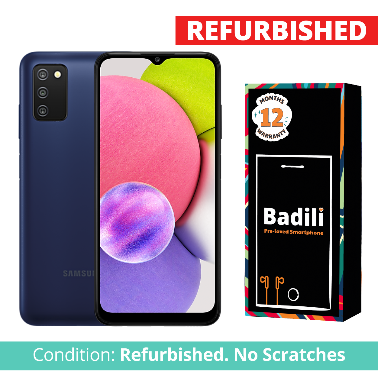Badili Refurbished- Samsung Galaxy A03s Smartphone , 6.5", 32GB/3GB, Single Sim + Free 32 GB Memory card