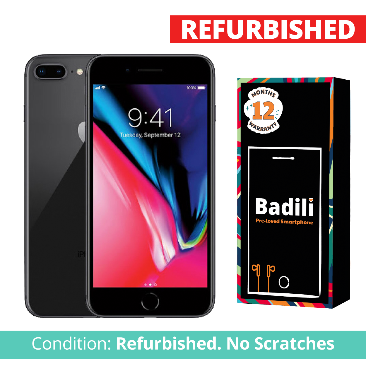 Badili Refurbished- Apple iPhone 8 Plus, Black, 64GB-  with 12 Months warranty