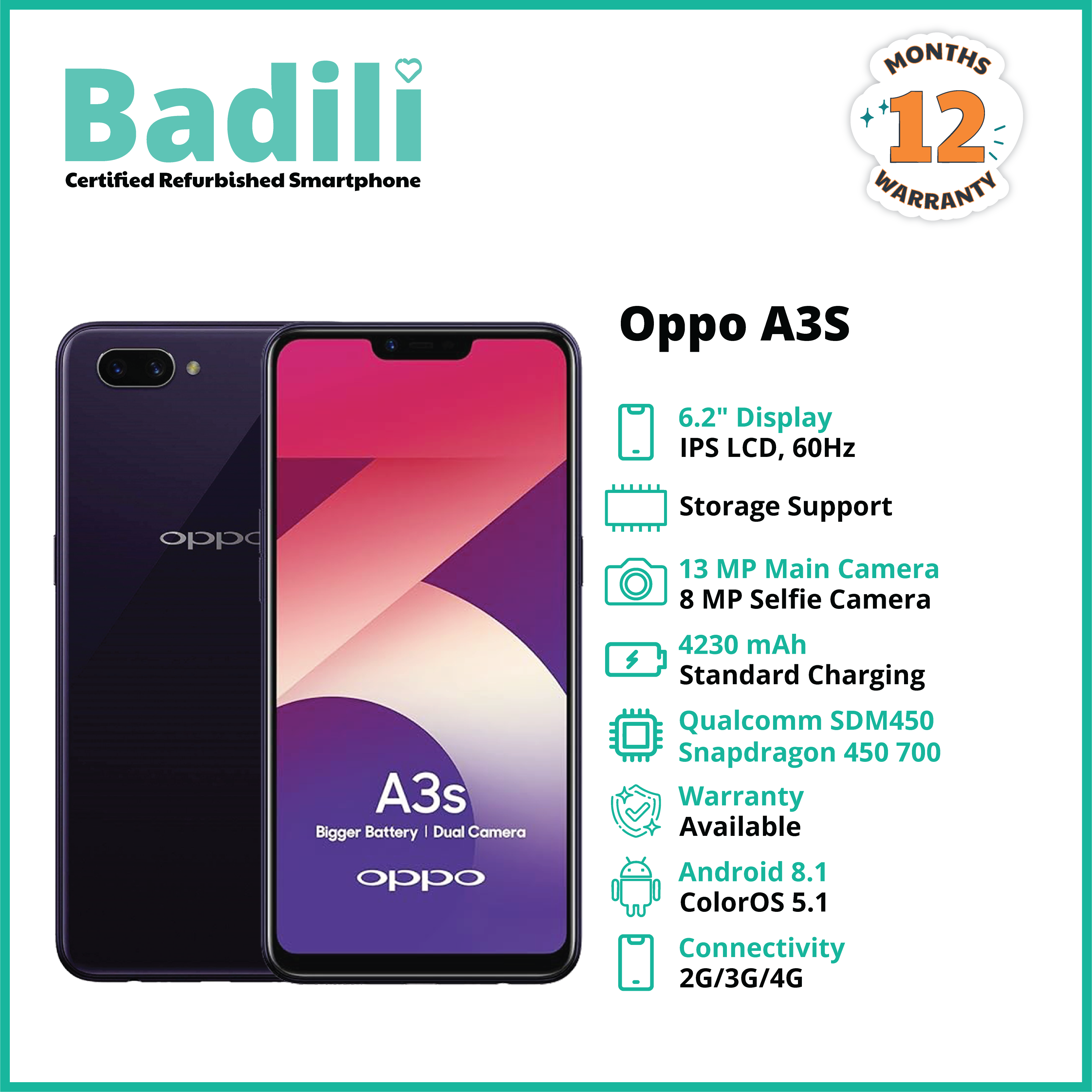 Renewed Oppo A3s, DISPLAY SCREEN 6.2" INCHES, 4GB RAM & 64GB ROM, 4230MAH, DUAL SIM-Red