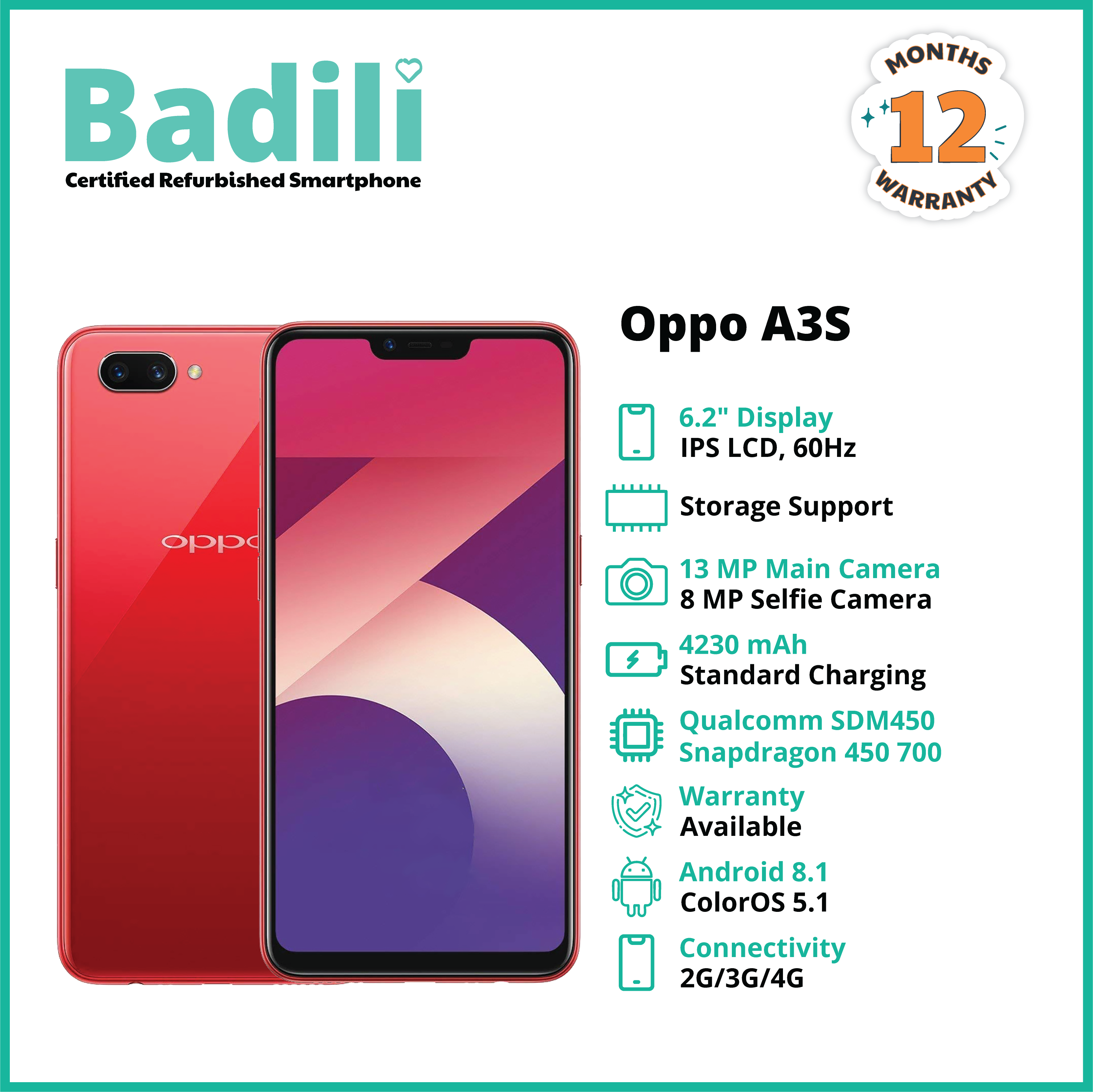 Renewed Oppo A3s, DISPLAY SCREEN 6.2" INCHES, 4GB RAM & 64GB ROM, 4230MAH, DUAL SIM-Red
