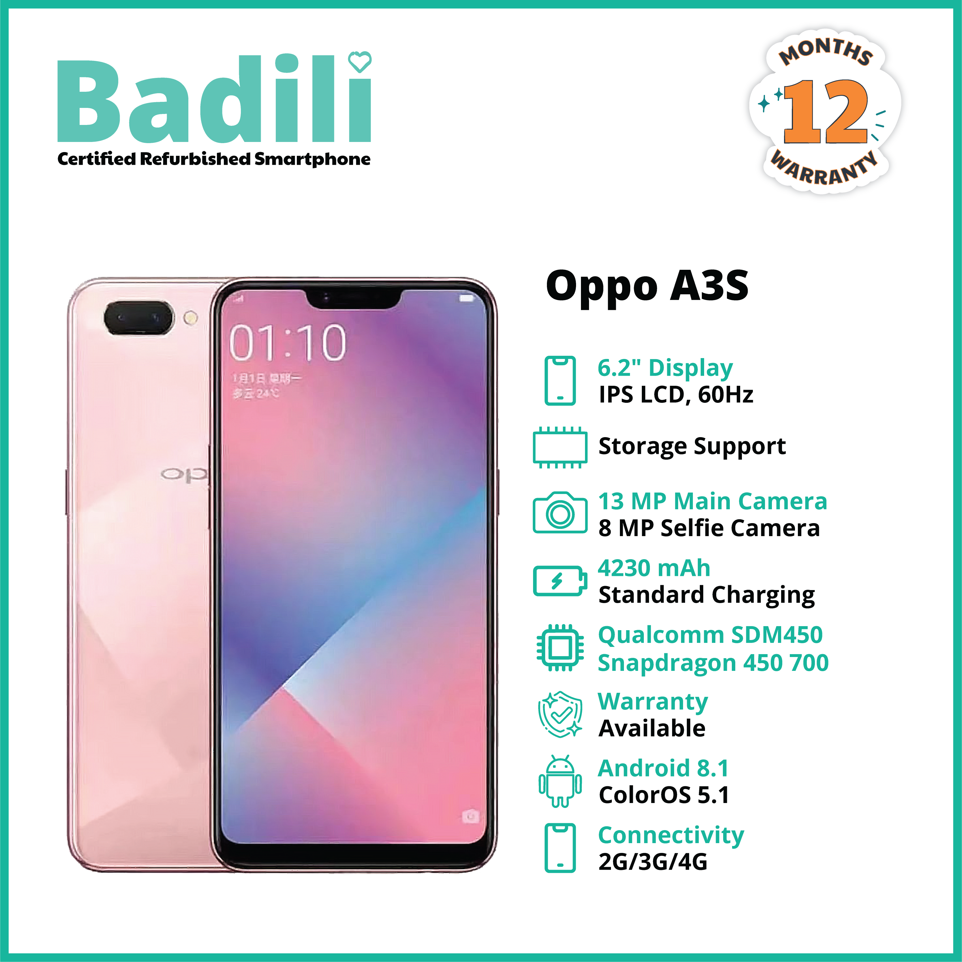 Renewed Oppo A3s, DISPLAY SCREEN 6.2" INCHES, 4GB RAM & 64GB ROM, 4230MAH, DUAL SIM-Red