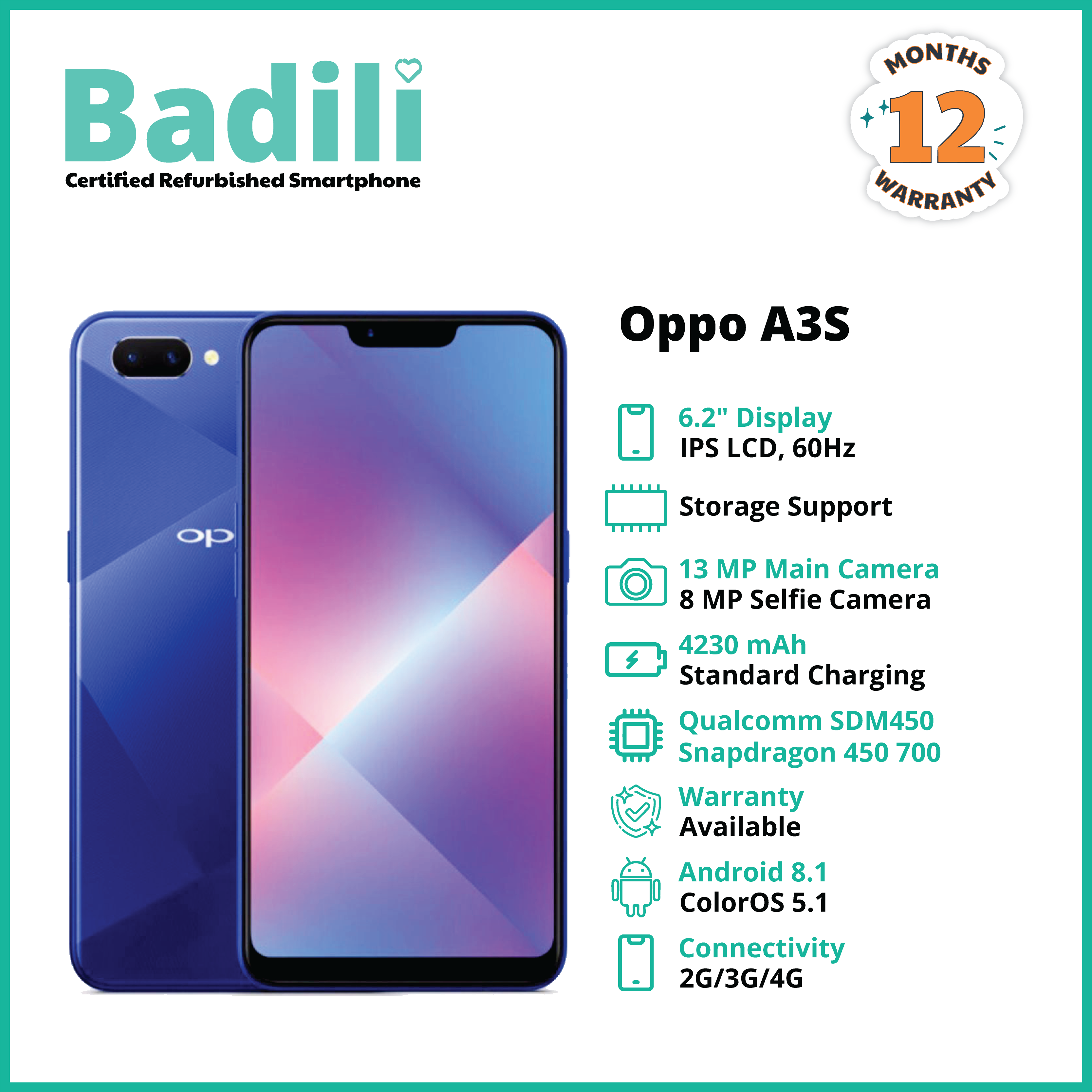 Renewed Oppo A3s, DISPLAY SCREEN 6.2" INCHES, 4GB RAM & 64GB ROM, 4230MAH, DUAL SIM-Red